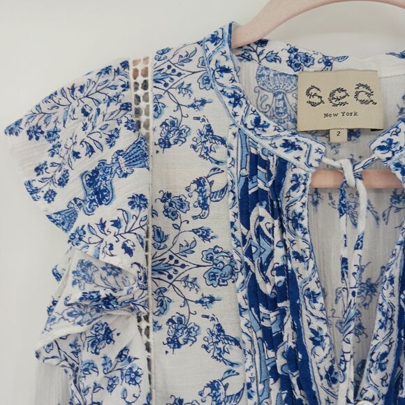 Sea New York Blue White Floral Ruffle Top Size 2 Tassel Tie Babydoll - Picture 4 of 9